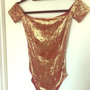 UO off the shoulder crushed gold velvet body suit